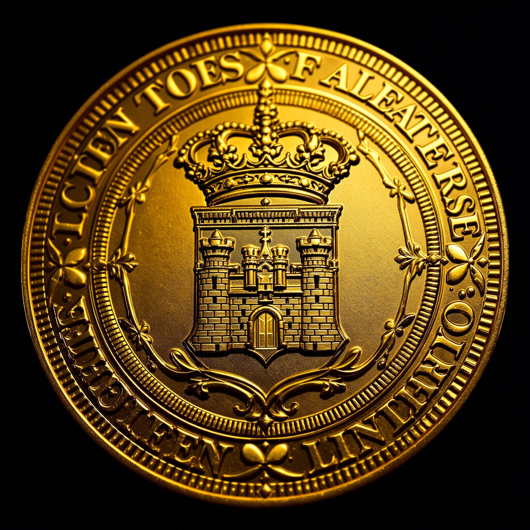 Gold coin with crown emblem closeup