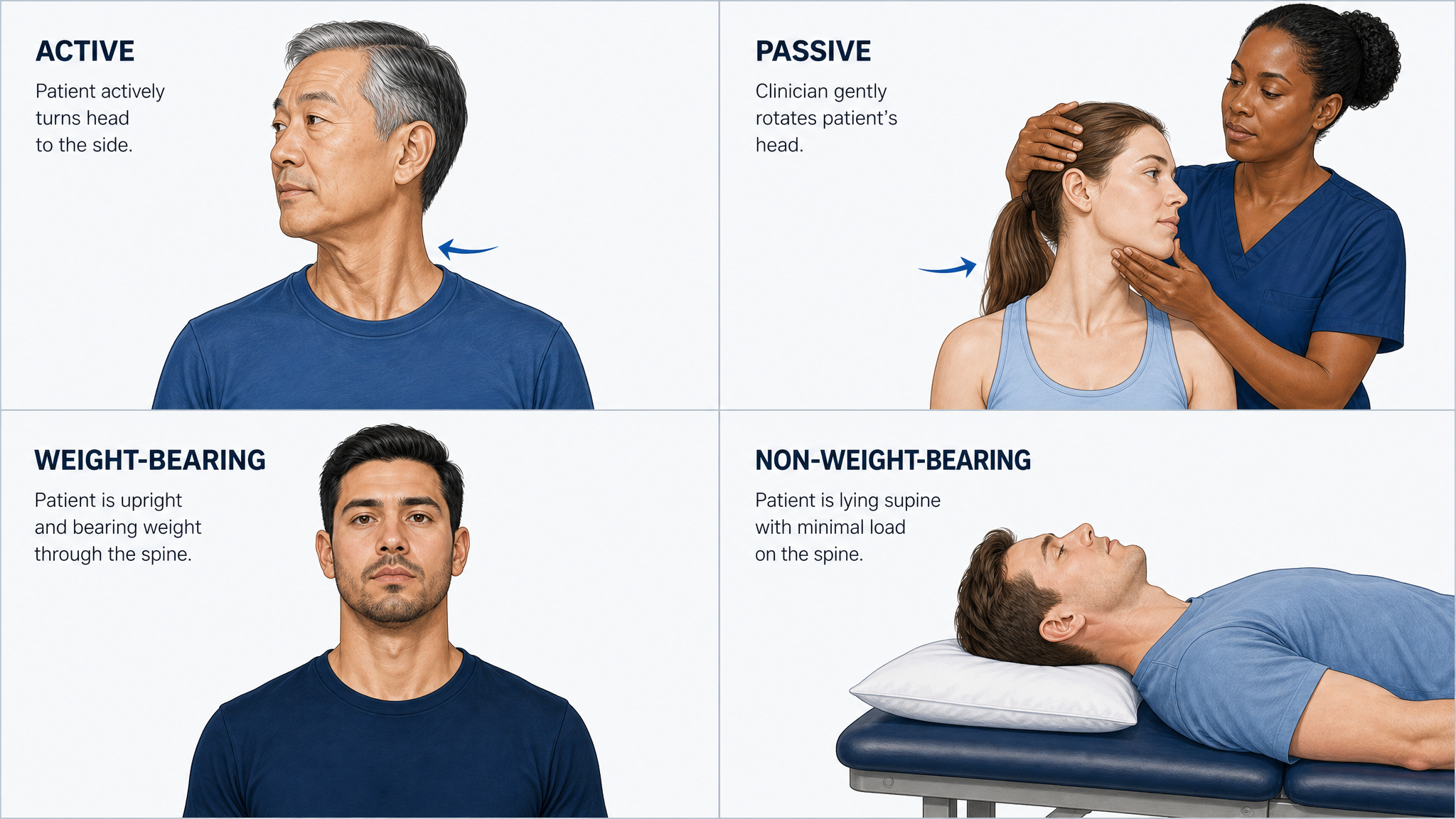 Four-quadrant panel showing the spine tested actively, passively, weight-bearing and non-weight-bearing