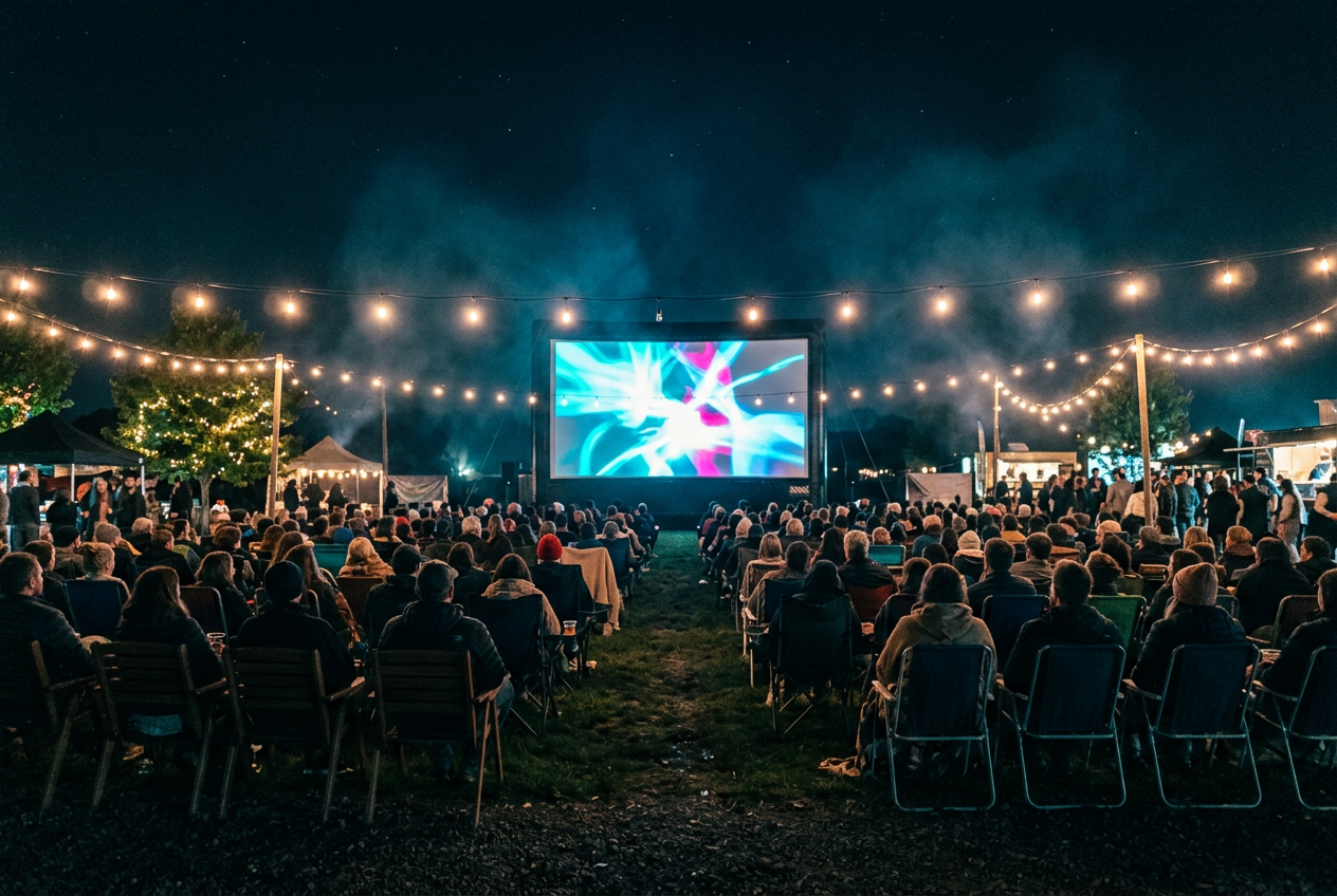 Outdoor film festival screening under night sky with ambient string lighting