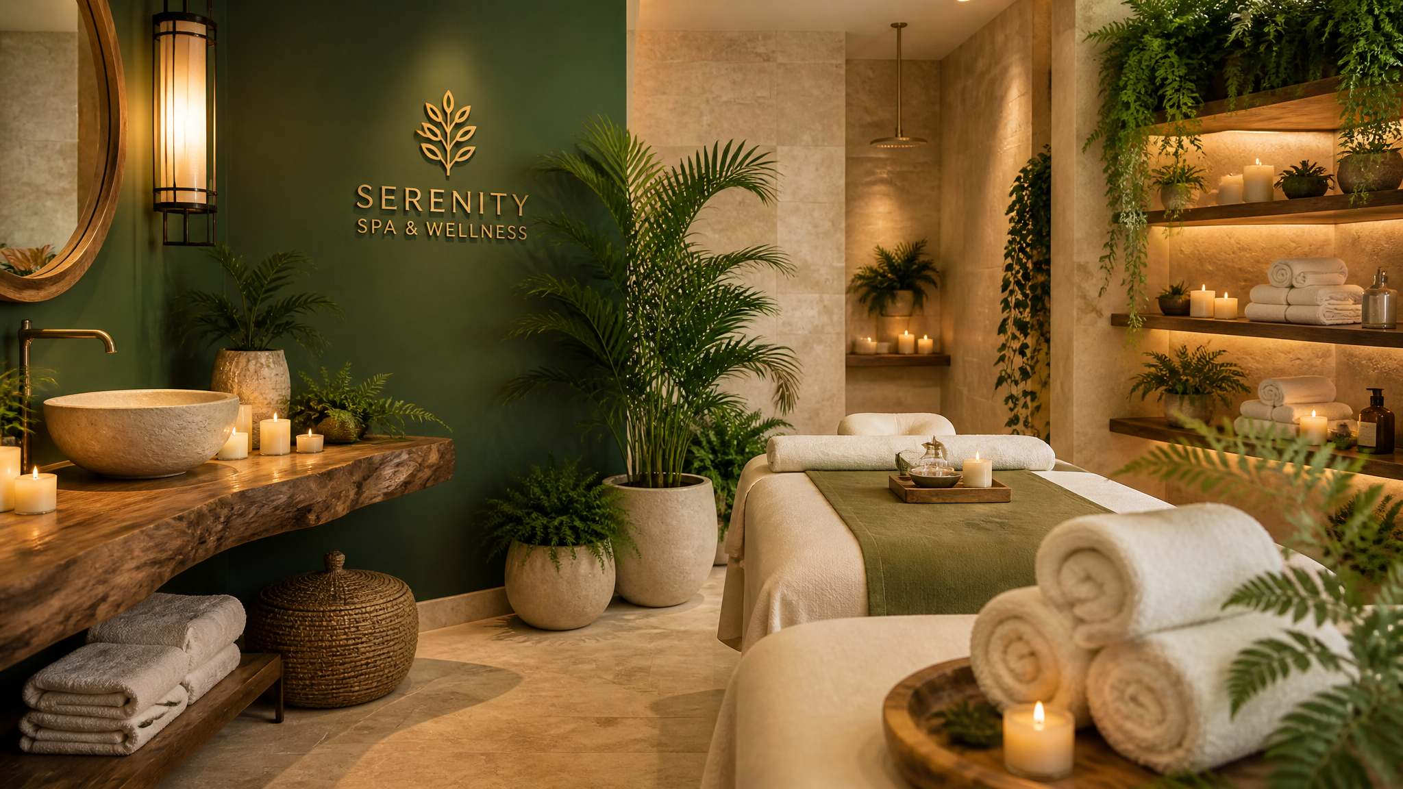 Interior acolhedor do Calm and Cozy Spa com plantas e iluminação suave