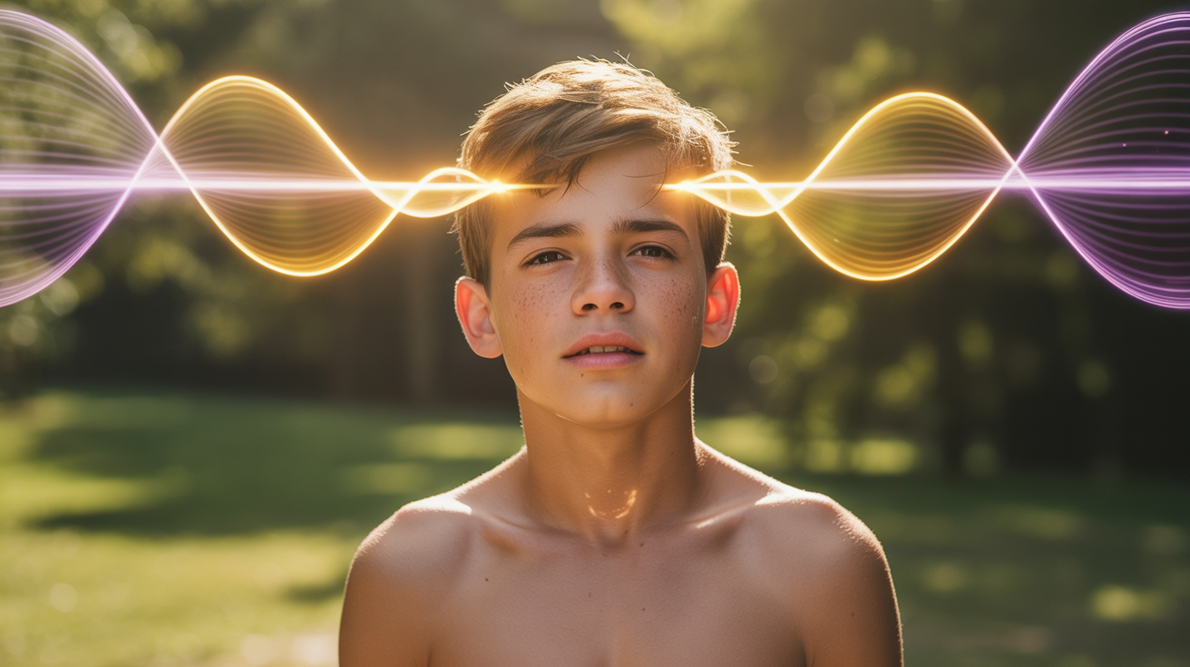 Dečak u pubertetu sa svetlosnim talasima koji prolaze kroz glavu i simbolizuju unutrašnji zvuk i buđenje svesti