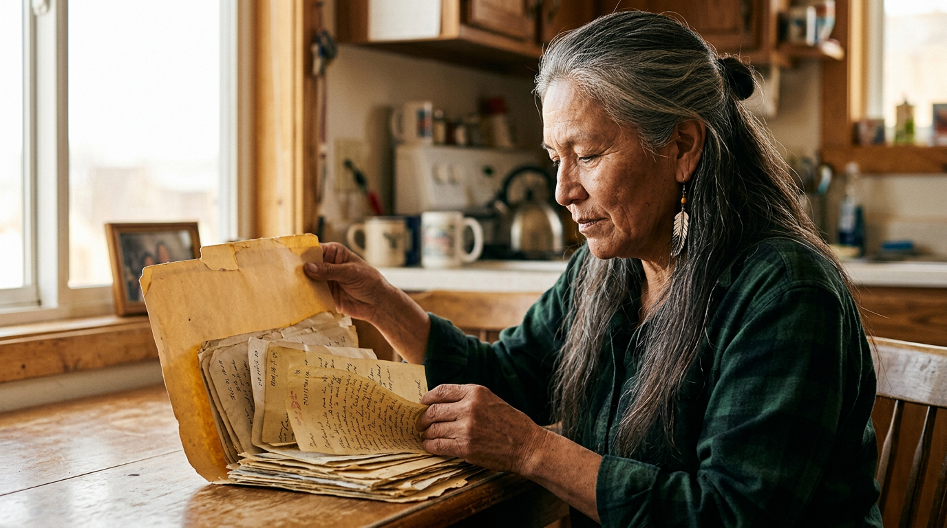 A woman veteran opening an old yellowed folder of years-old VA letters