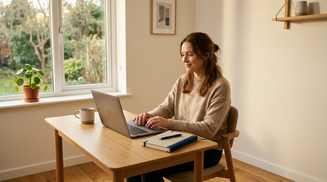 Pessoa focada em escritório minimalista com ambiente simplificado