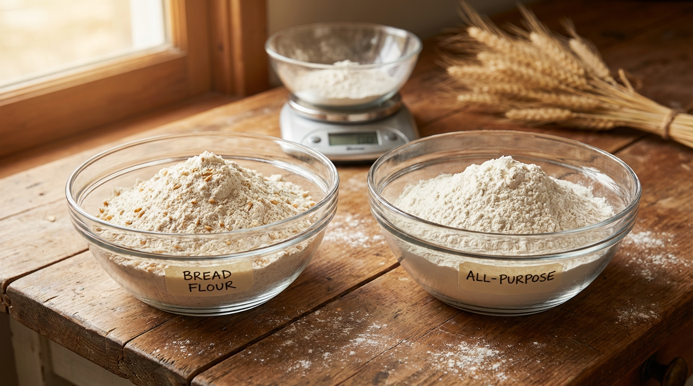 Two glass bowls labeled bread flour and all-purpose side by side on a wooden counter