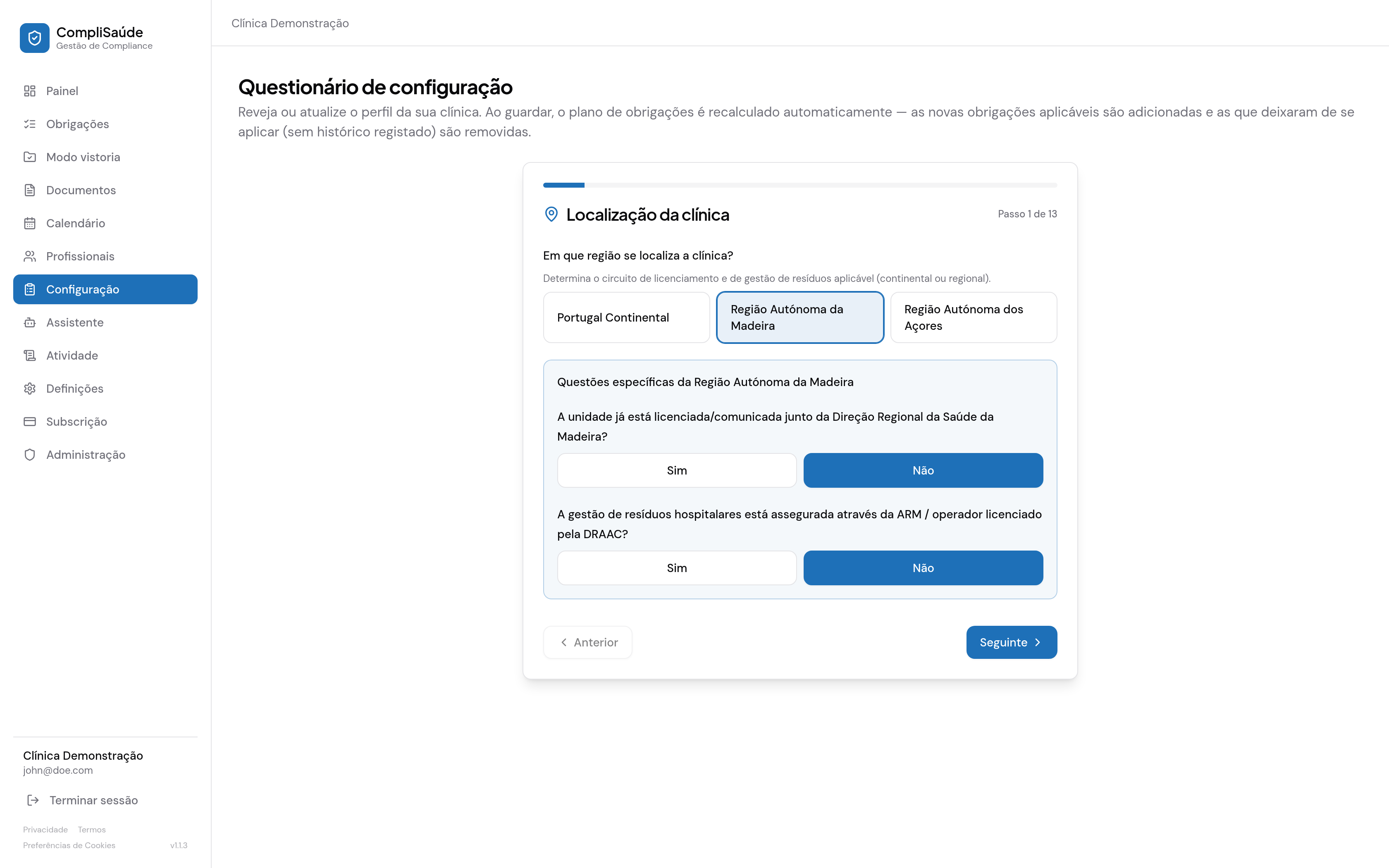 Seleção da região no questionário, com as questões específicas da Madeira