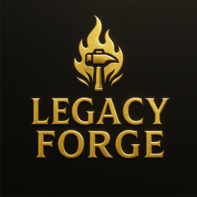 Legacy Forge logo - gold hammer with flames