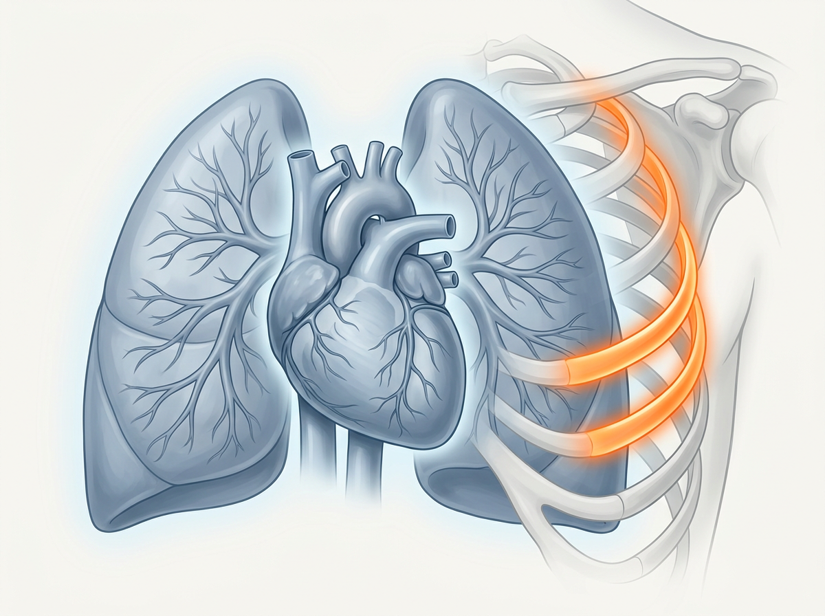 Illustration of a blue-gray heart and lungs shown clear and healthy while an orange band of nerve pain glows across the rib cage in front of them