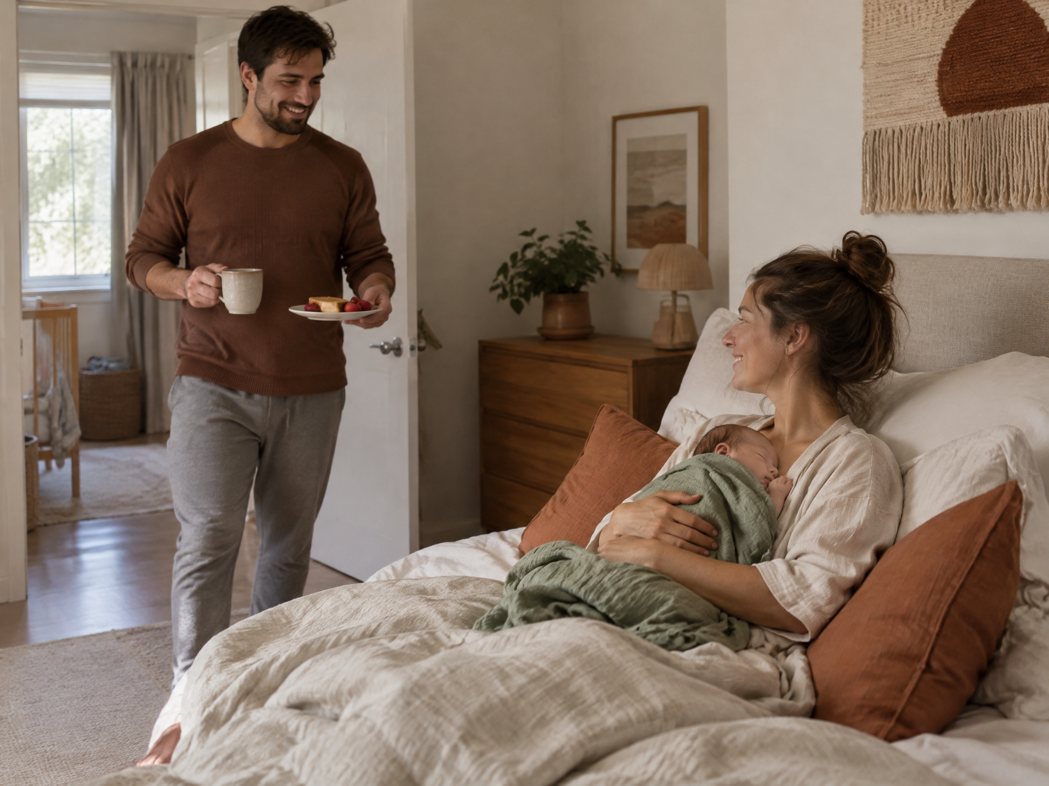 A dad bringing tea and snacks to a new mom resting in bed with their newborn