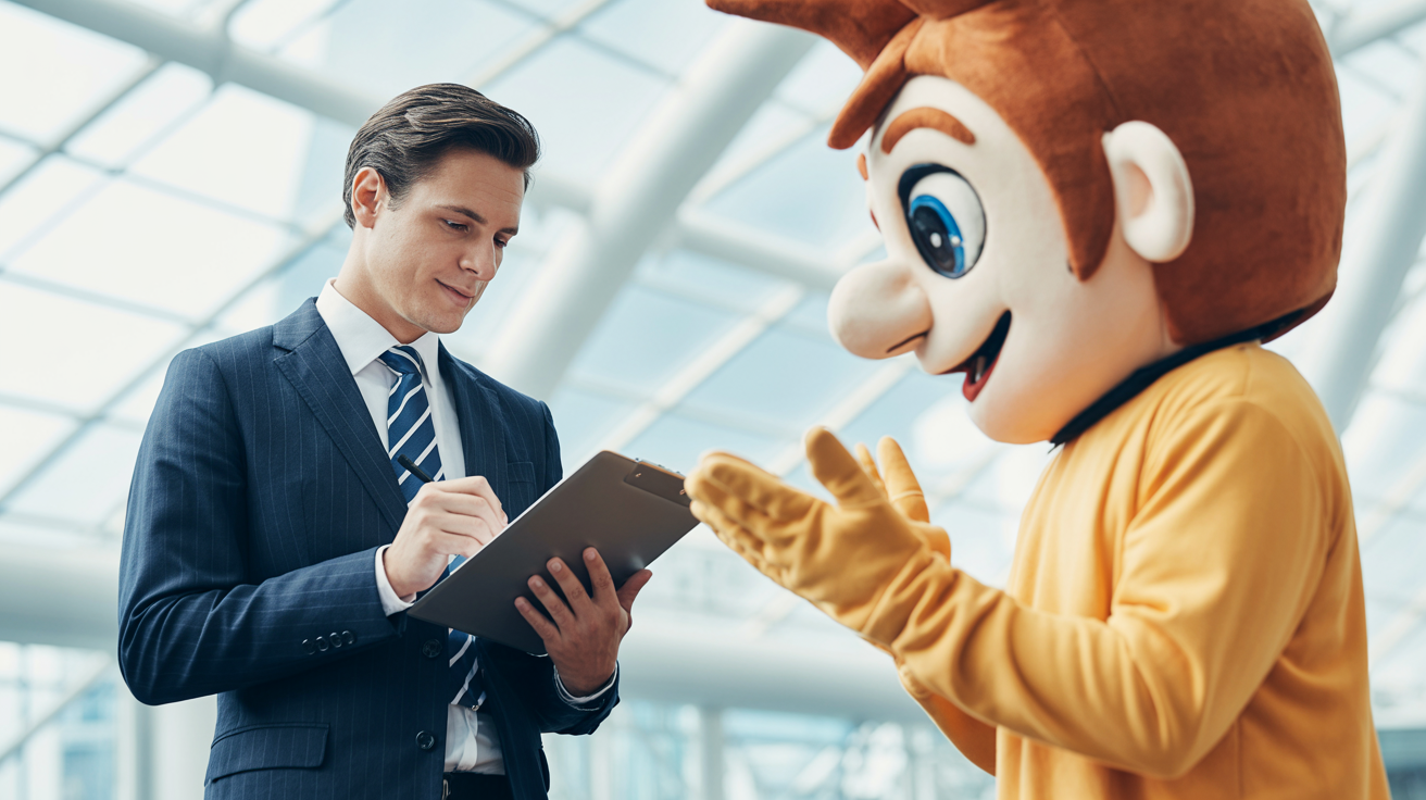 Professional consultant evaluating mascot performer quality and brand fidelity at a corporate venue