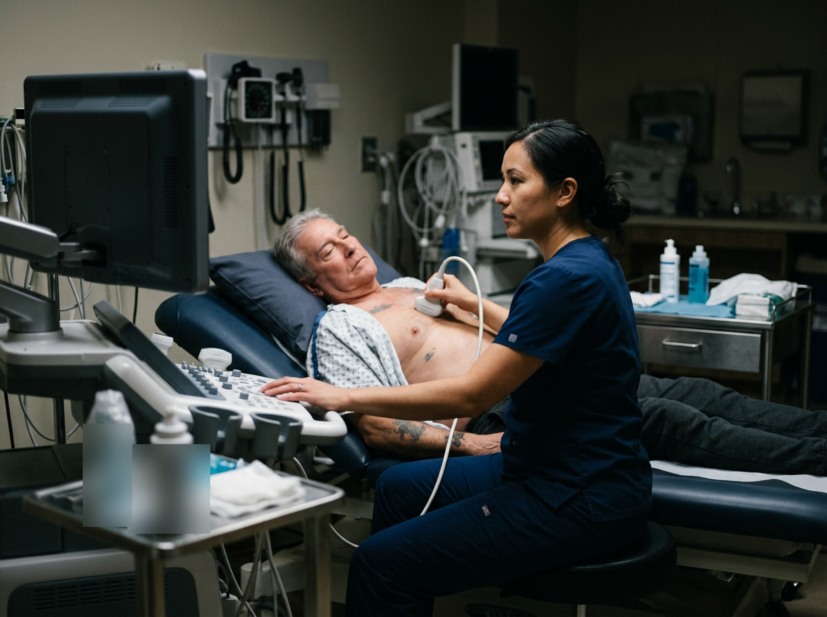 Sonographer performing an echocardiogram on a male veteran chest with the ultrasound monitor angled away in a cardiology exam room