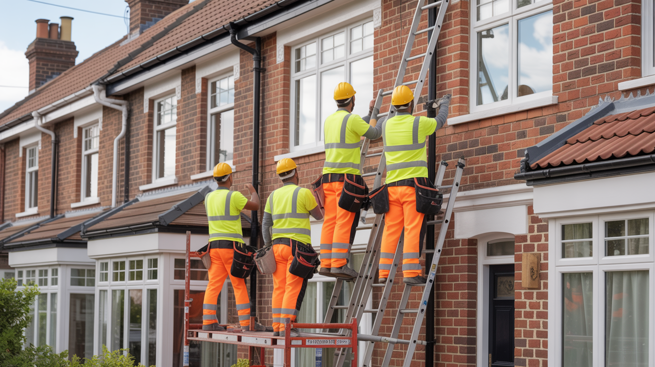 Professional UK property services contractor team working on British home