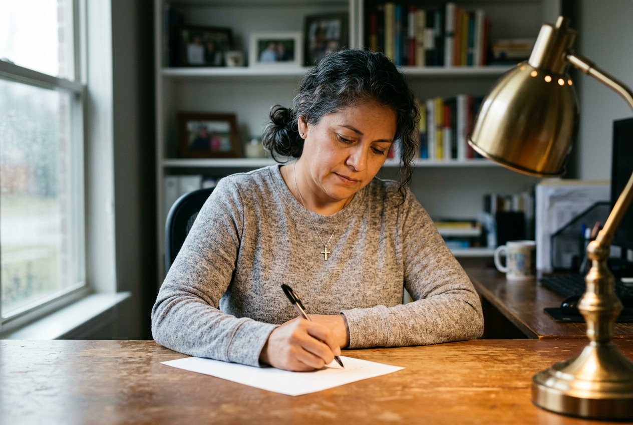 A military veteran carefully writing a personal statement by hand at a desk