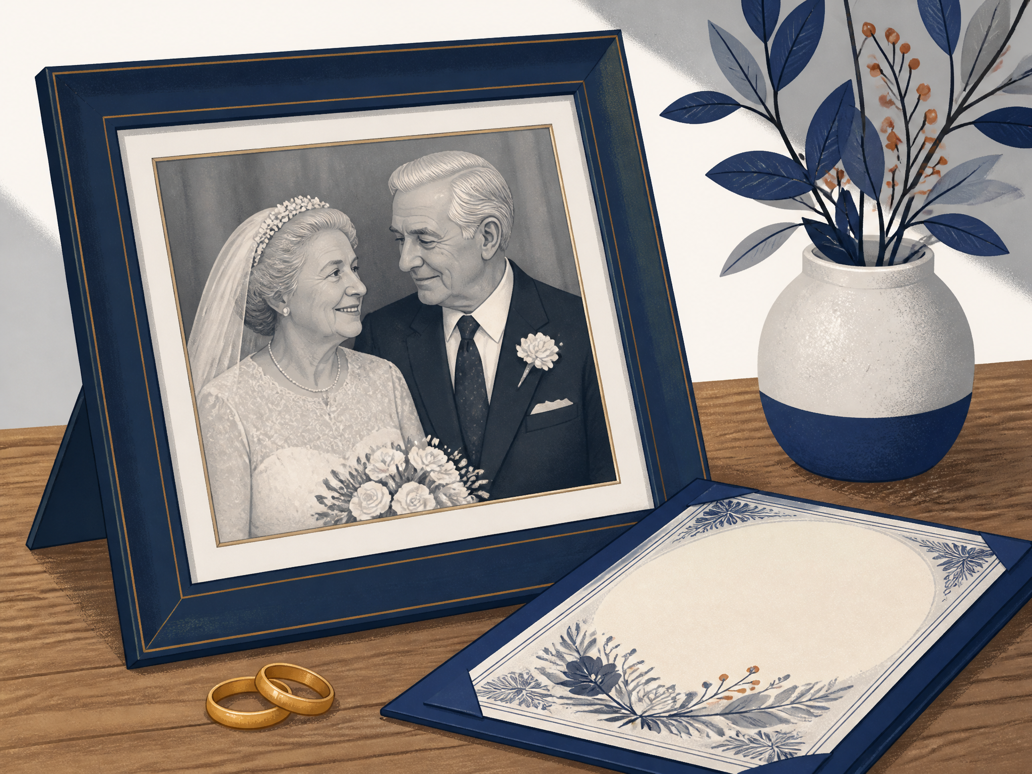 Editorial illustration of a framed wedding photo beside a marriage certificate, representing marriage-length eligibility rules