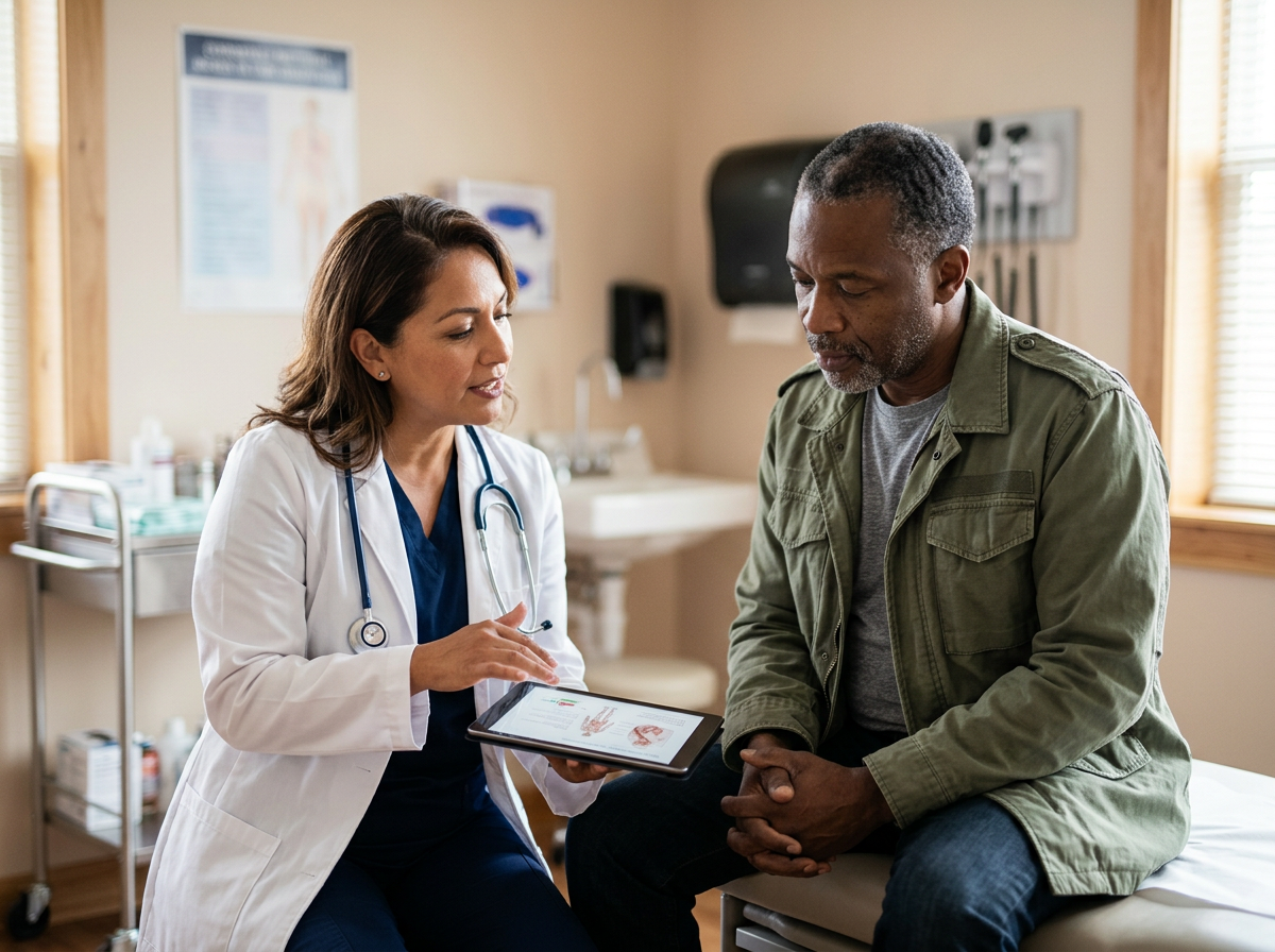 A physician explaining test results to a veteran in an exam room