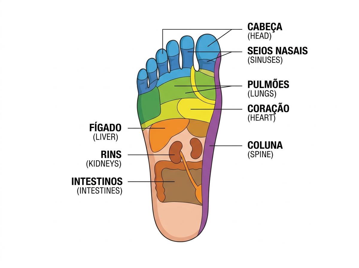 Diagrama de reflexologia mostrando pontos de massagem conectados a órgãos do corpo