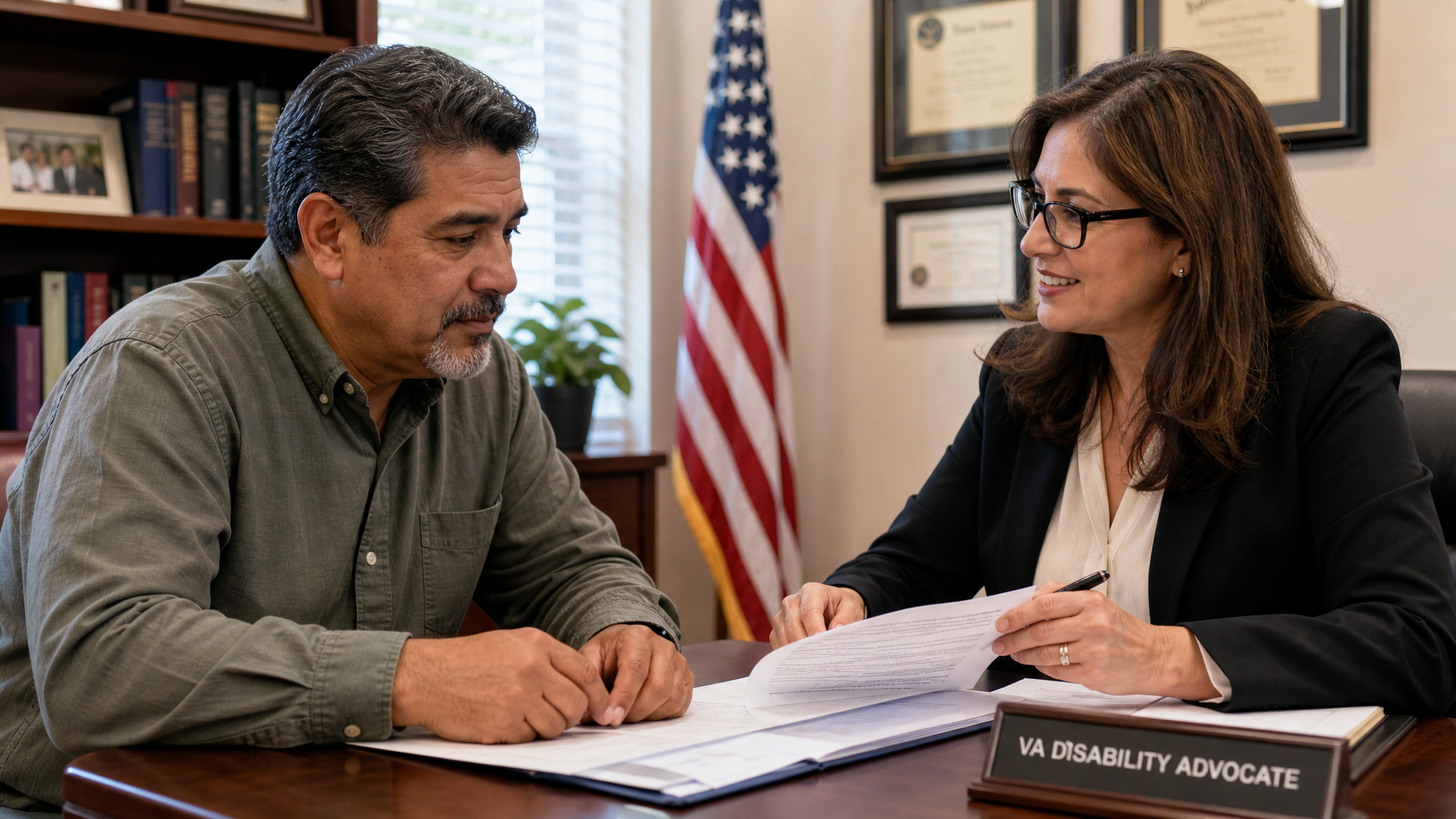 An accredited VA claims agent walking a veteran through the claims process