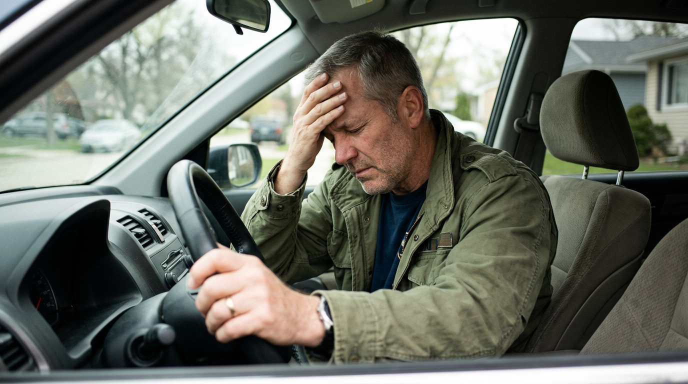 Photograph of a veteran sitting in a parked car with a hand to his forehead, overcome by dizziness