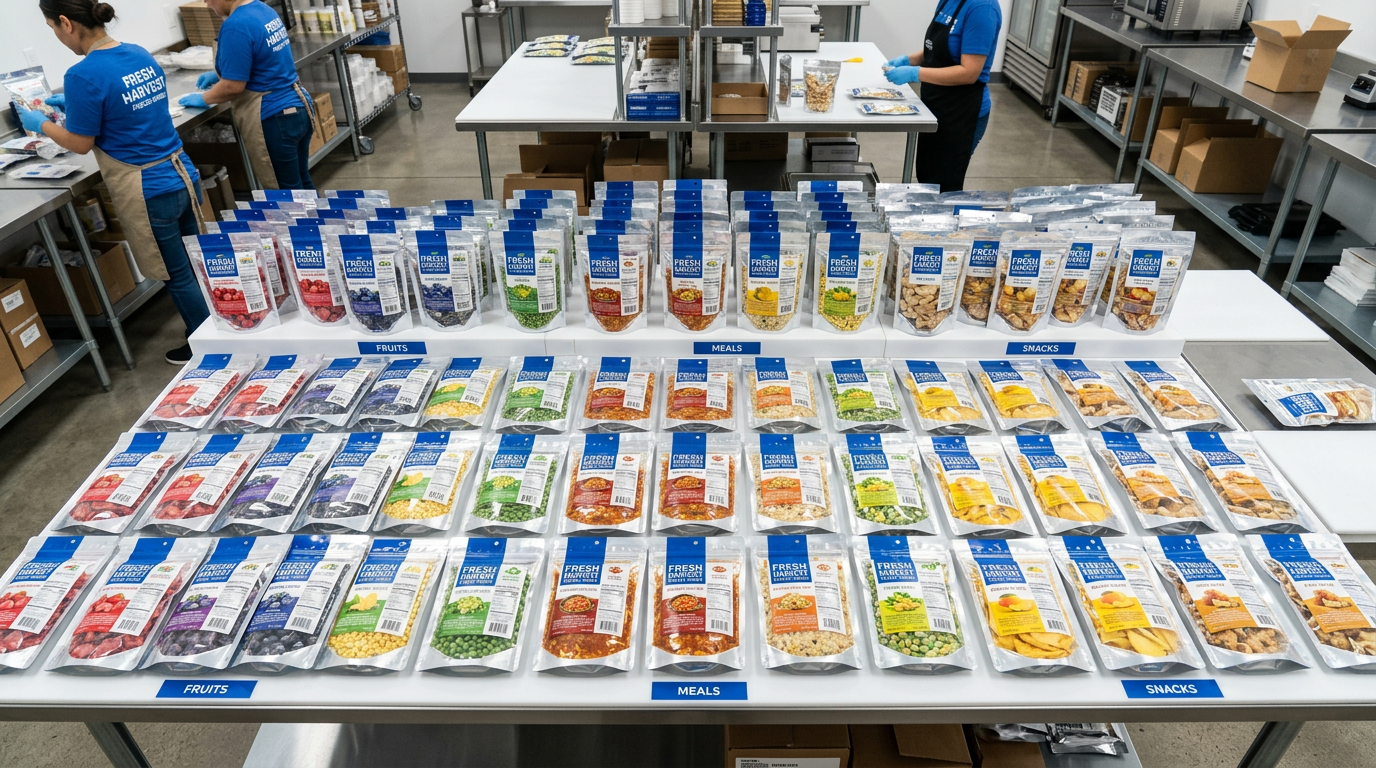 Dozens of sealed Mylar pouches of freeze dried products arranged in rows for commercial wholesale distribution