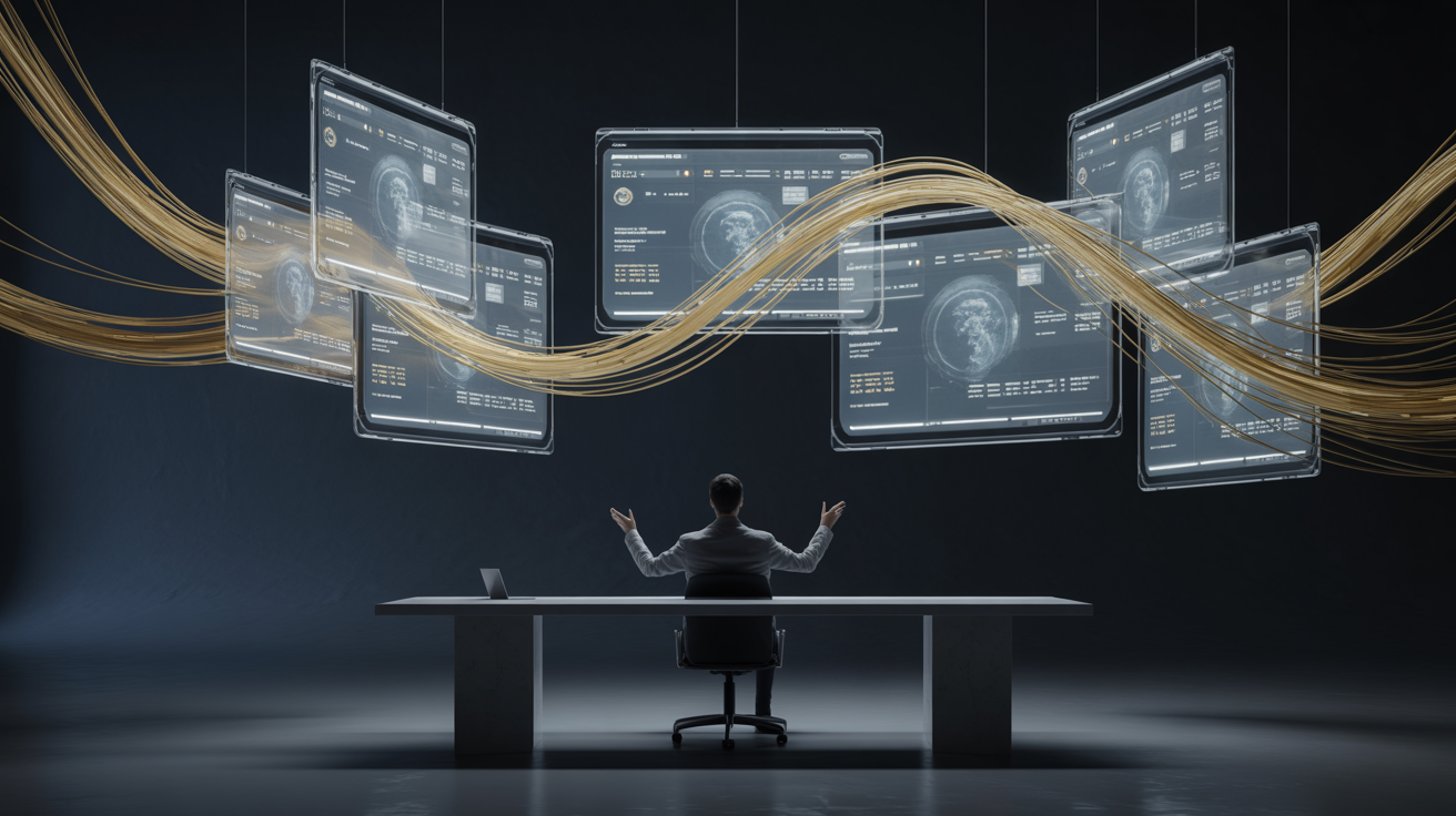 Cinematic editorial Visual einer futuristischen Kommandozentrale mit schwebenden holografischen Screens, verbunden durch goldene Datenströme, während eine Silhouette die Interfaces orchestriert – symbolisiert Agentic Workspaces als neue Arbeitsoberfläche
