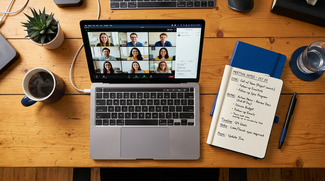 Vista superior de laptop com videochamada e caderno de anotações