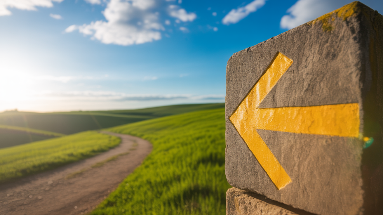 Bright Camino de Santiago pilgrimage path with yellow arrow under blue skies
