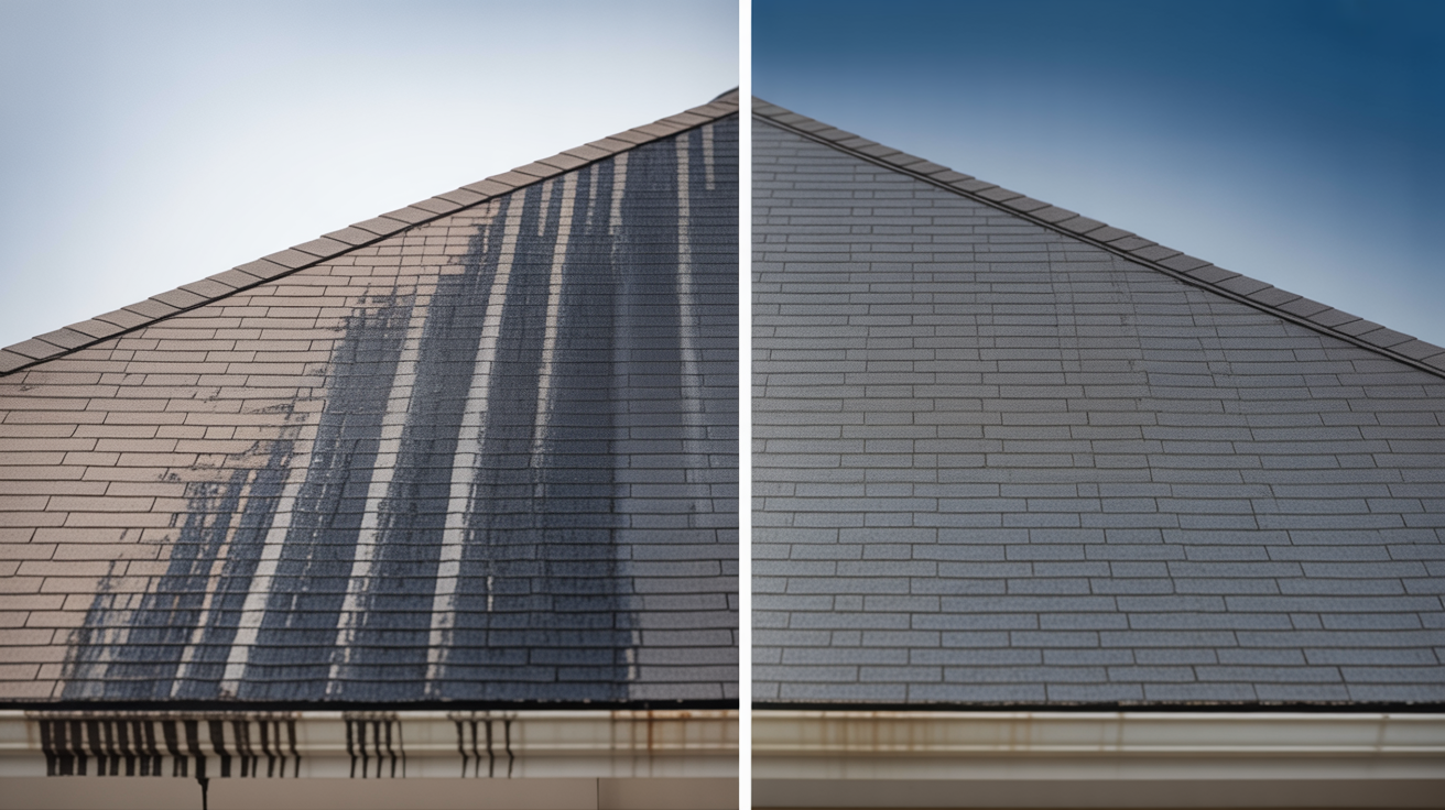 Before and after roof soft wash removing dark algae streaks