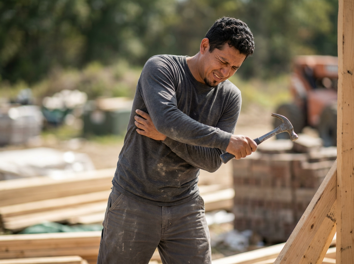 A Hispanic man veteran at a work site unable to swing a hammer due to pain in his shoulder blade area from a scapula impairment