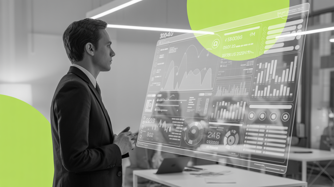 Business professional analyzing AI-powered marketing analytics dashboard