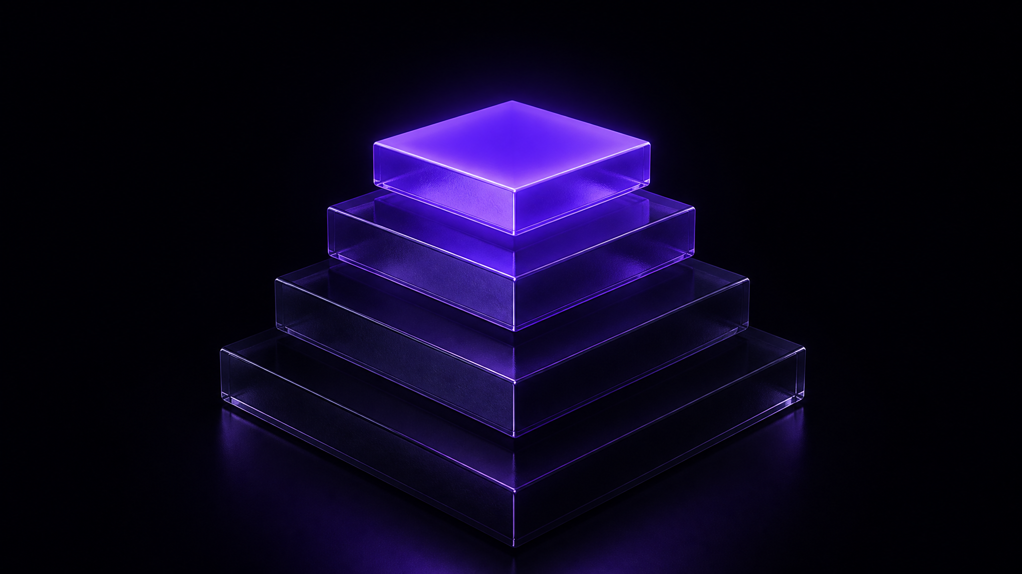 A four-tier pyramid of frosted dark glass slabs with the top tier glowing brightest violet and each tier below progressively dimmer, representing the South African citation tier structure
