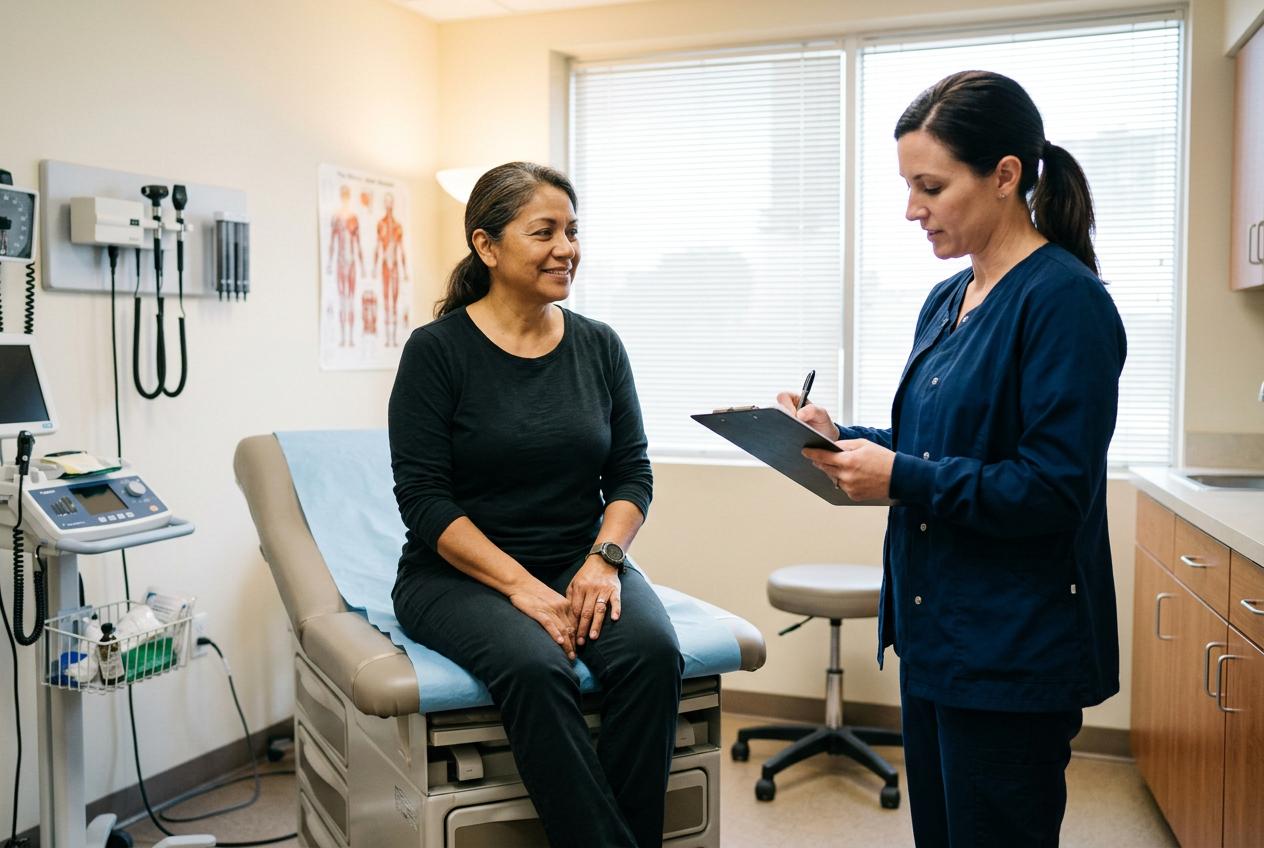 A military veteran at a routine follow-up medical appointment with a clinician