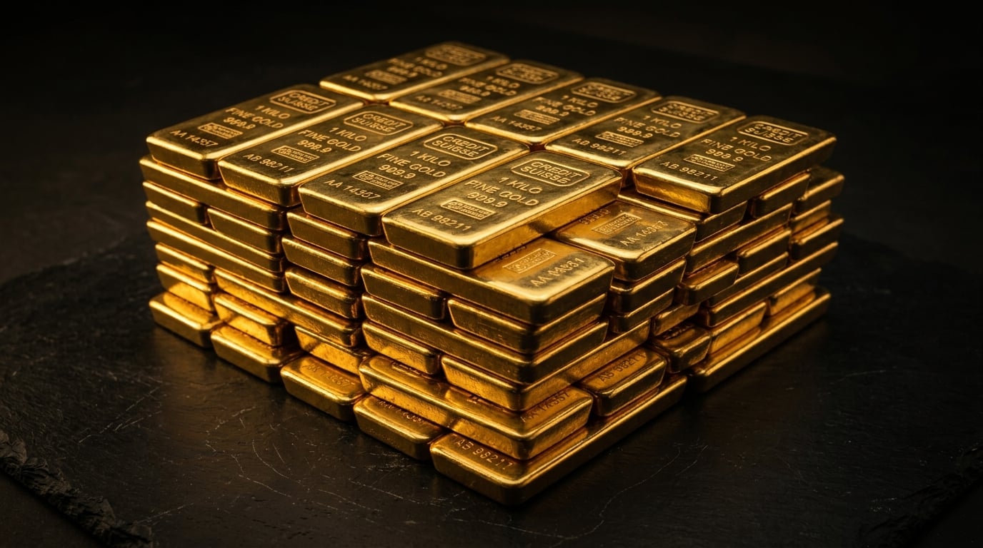 Luxurious gold bars stacked with dramatic lighting