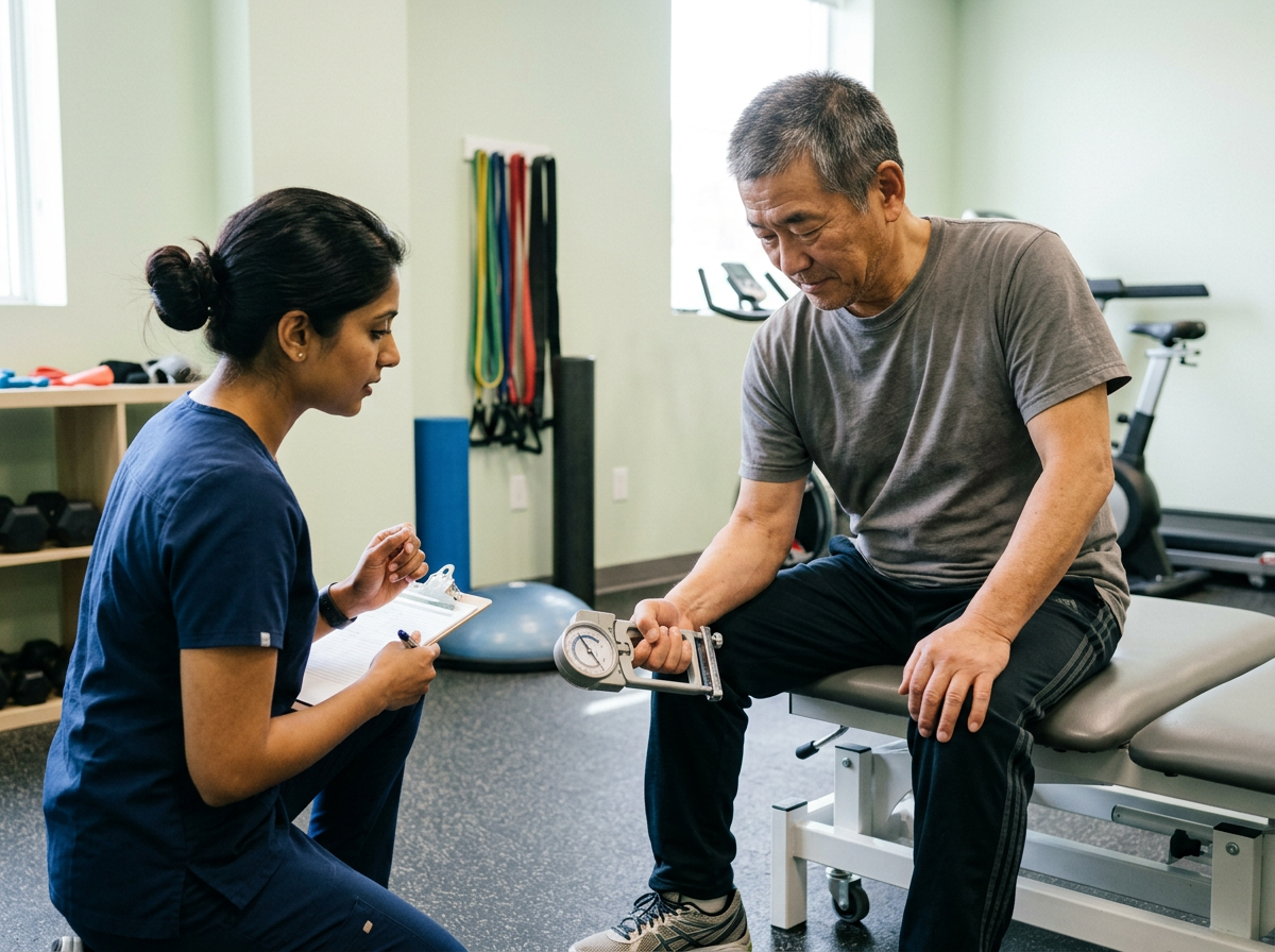 East Asian male veteran performing grip strength assessment with physical therapist observing