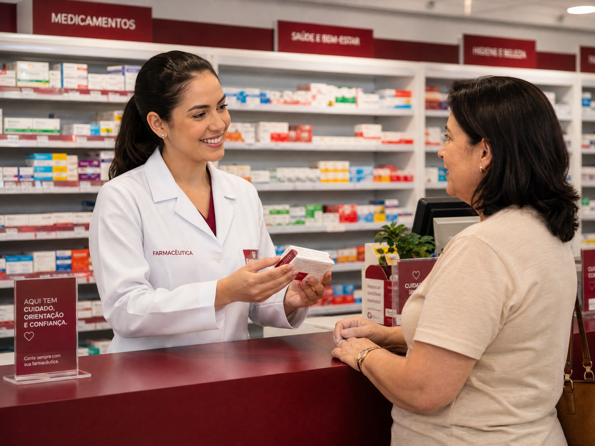 Farmacêutica da Farmasyn Popular atendendo um cliente com atenção