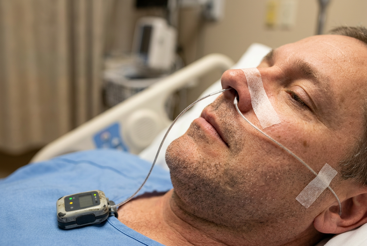 Close-up of a thin esophageal pH monitoring catheter taped near a patient’s nose with a small recording device on the chest in a clinical setting