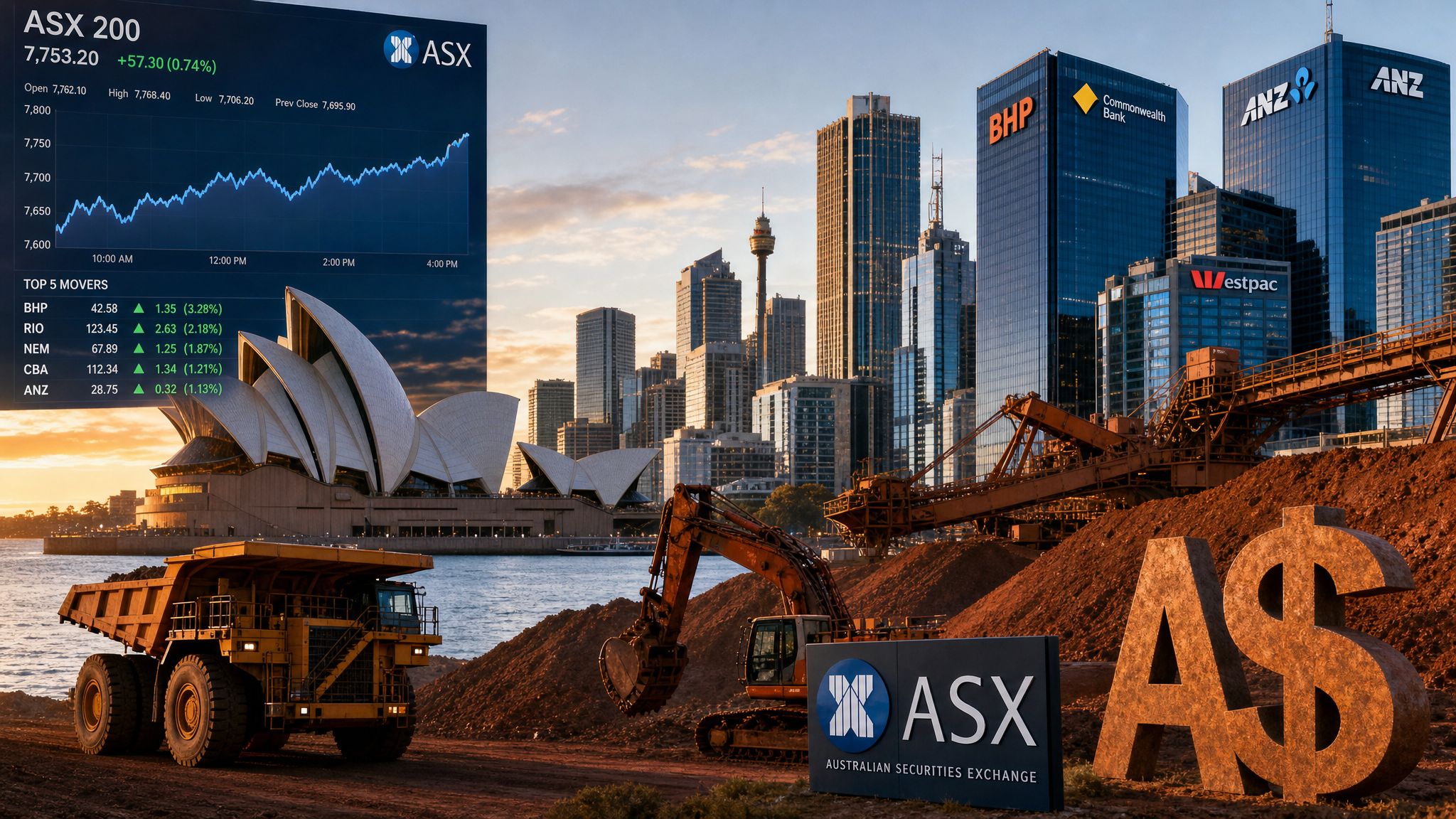 ASX 200 Australia banks miners BHP Rio Tinto RBA interest rates AUD USD iron ore