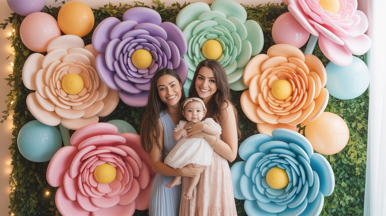 Baby shower photo booth with giant pastel rainbow foam flowers and balloons