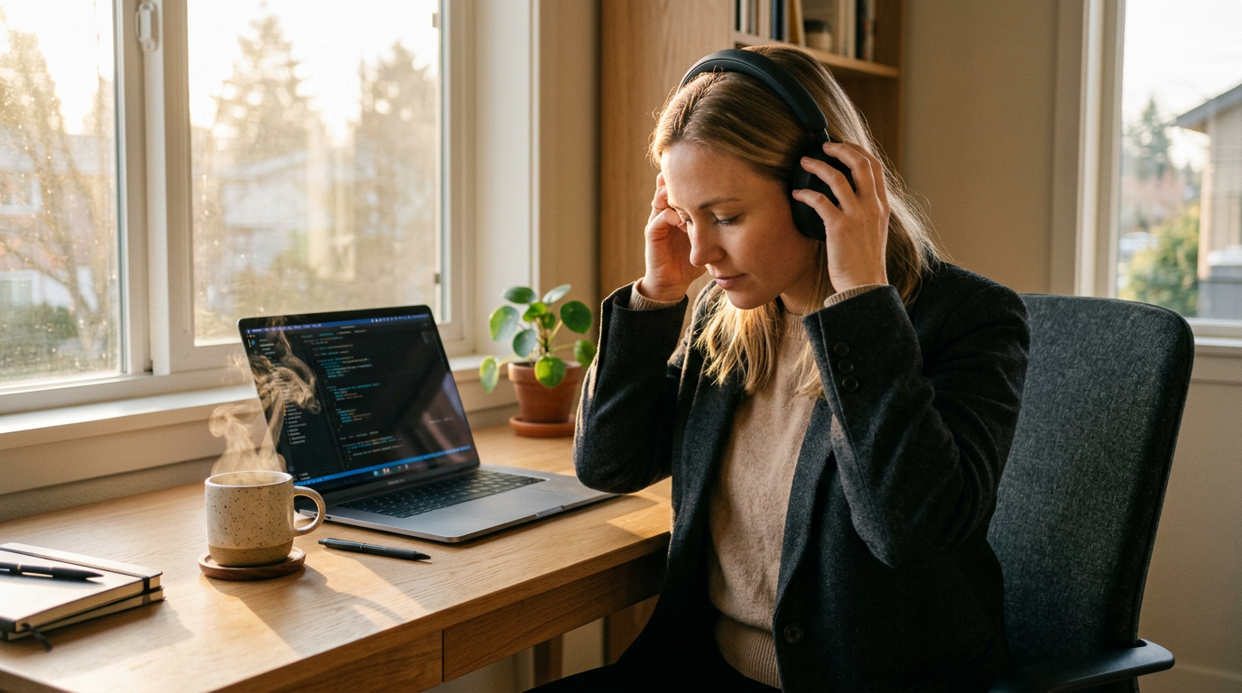 Pessoa colocando fones de ouvido em mesa minimalista com café fumegante e laptop, luz matinal suave