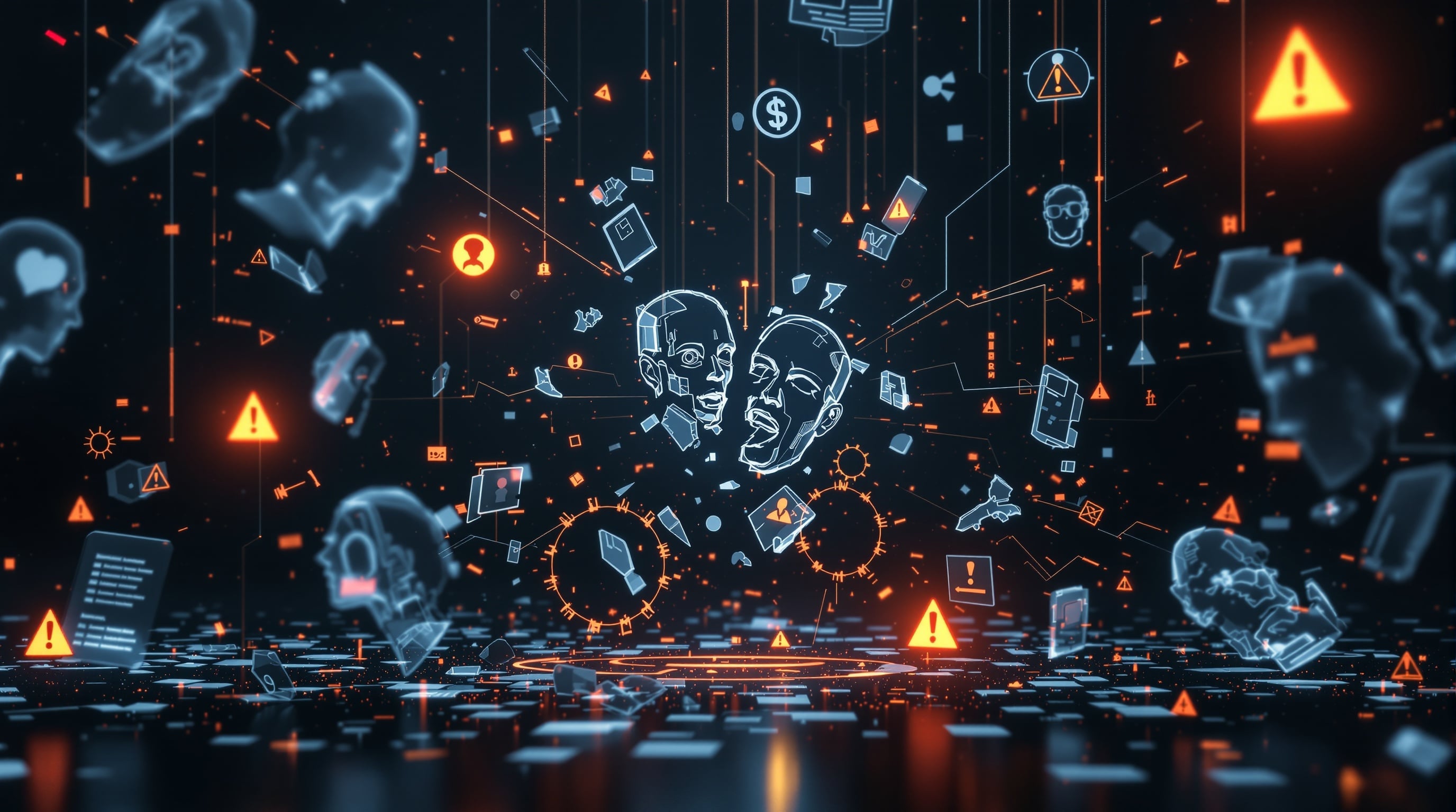 Fragmented AI identity systems visualization showing disconnected face outlines and warning indicators
