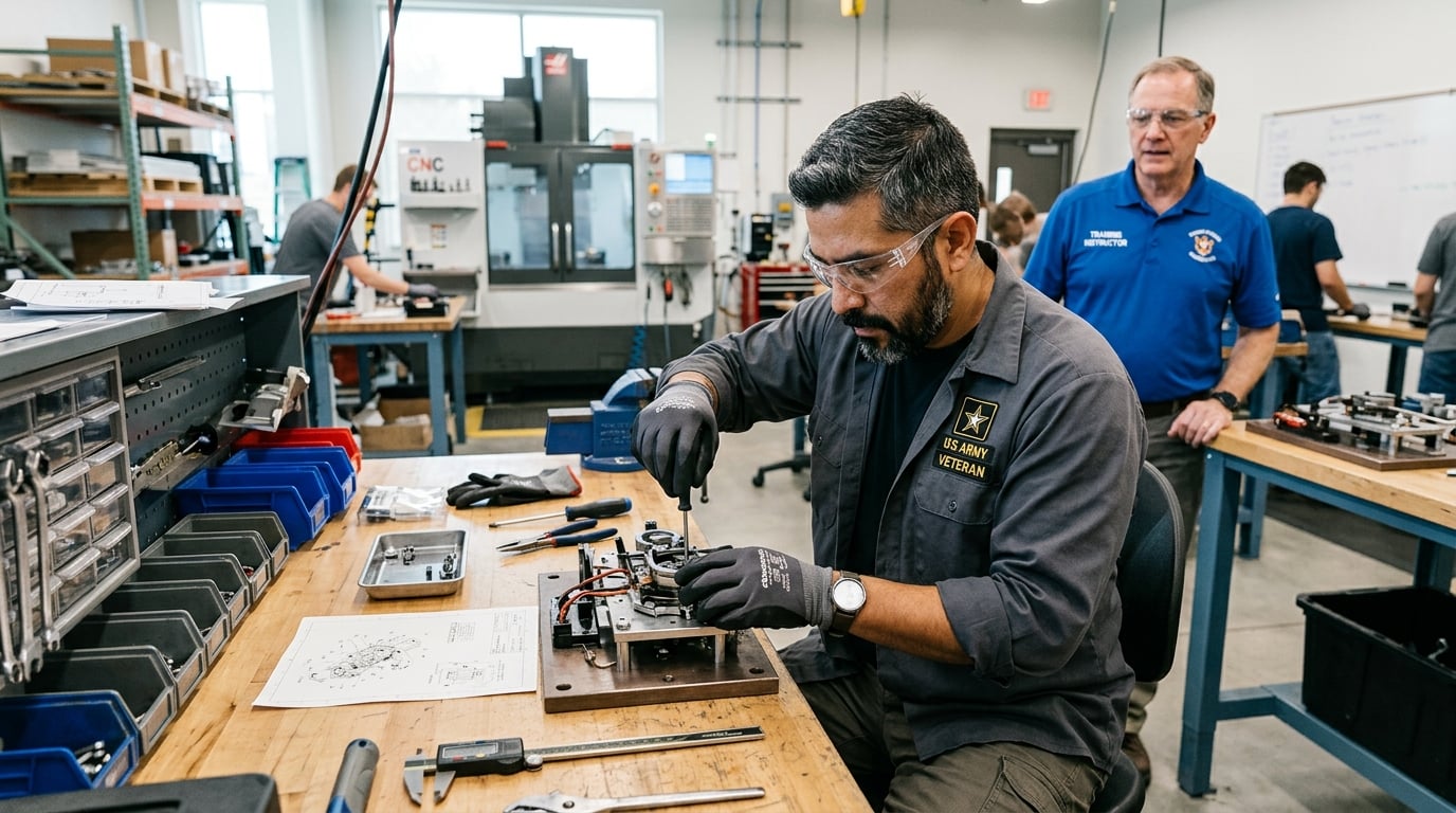 Hispanic male Army veteran in a vocational training workshop wearing safety glasses