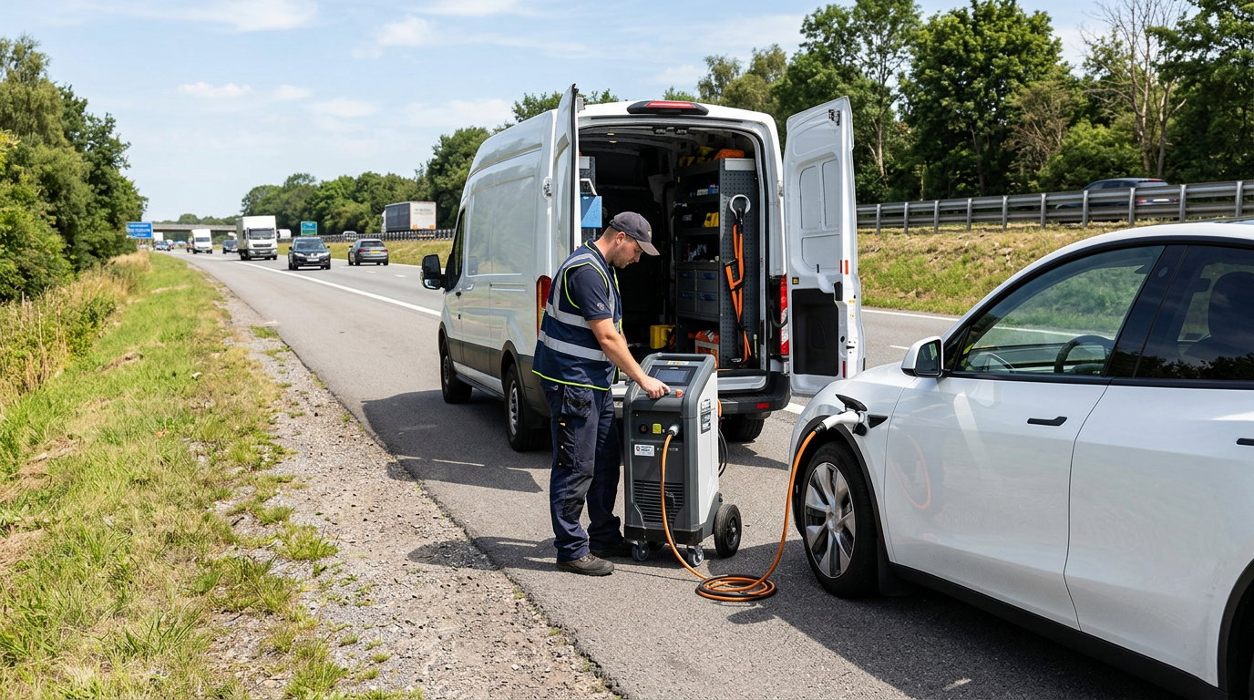 Mobile EV charging service van charging a car on the roadside