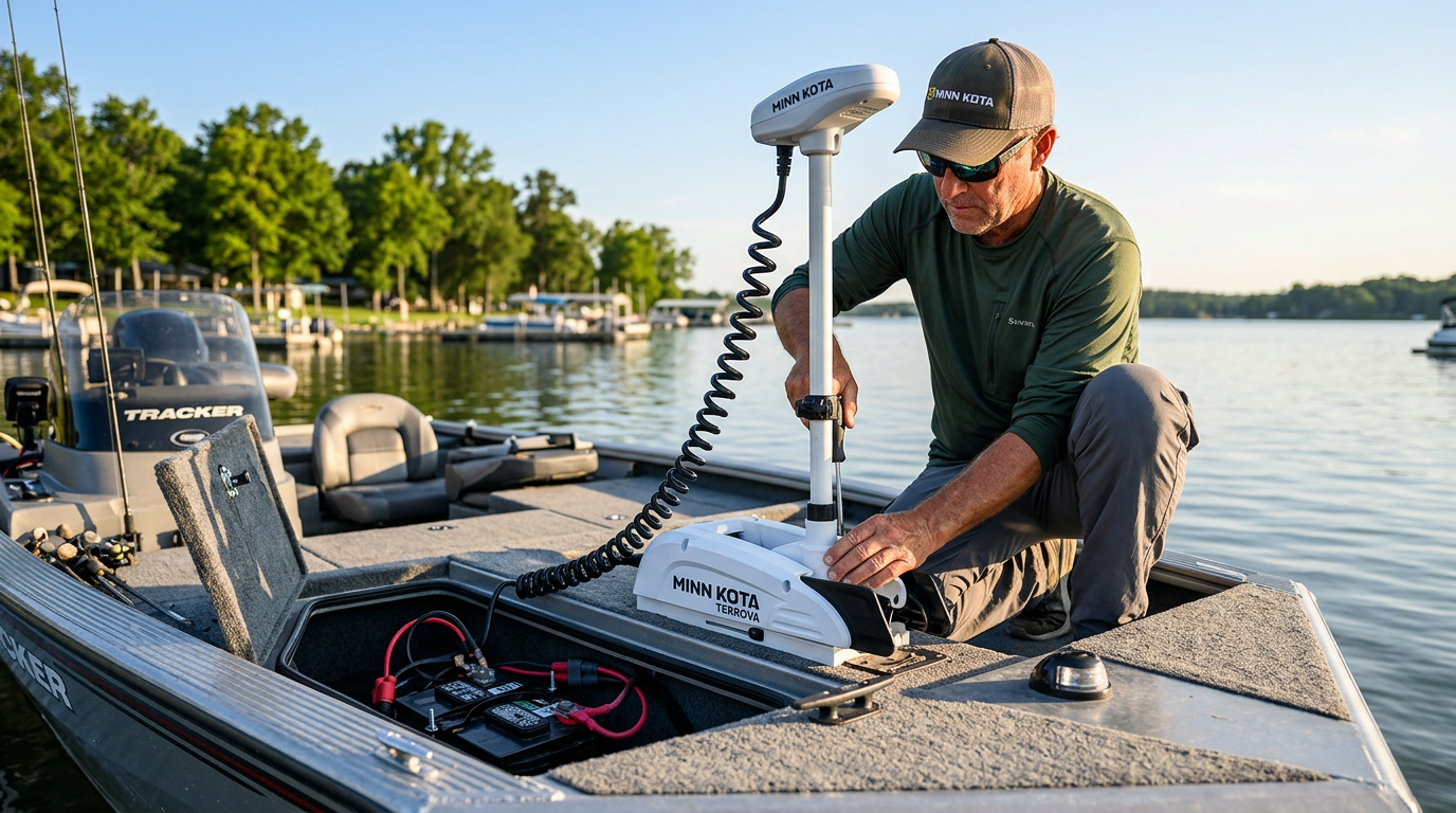 Angler installing a Minn Kota Terrova bow-mount trolling motor on a fishing boat while checking battery and shaft setup