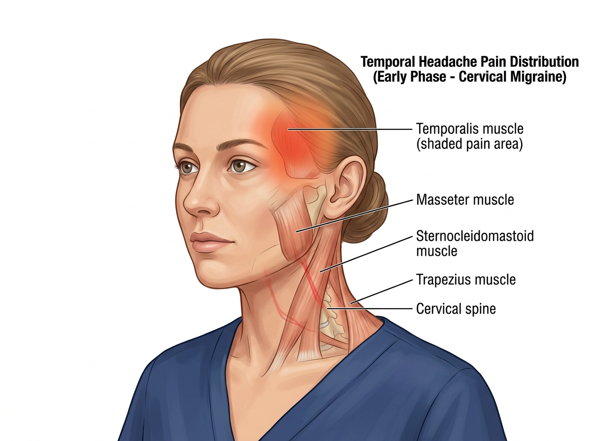 Anatomical figure showing temporal headache pain over one temple, a common early phase of cervical migraine
