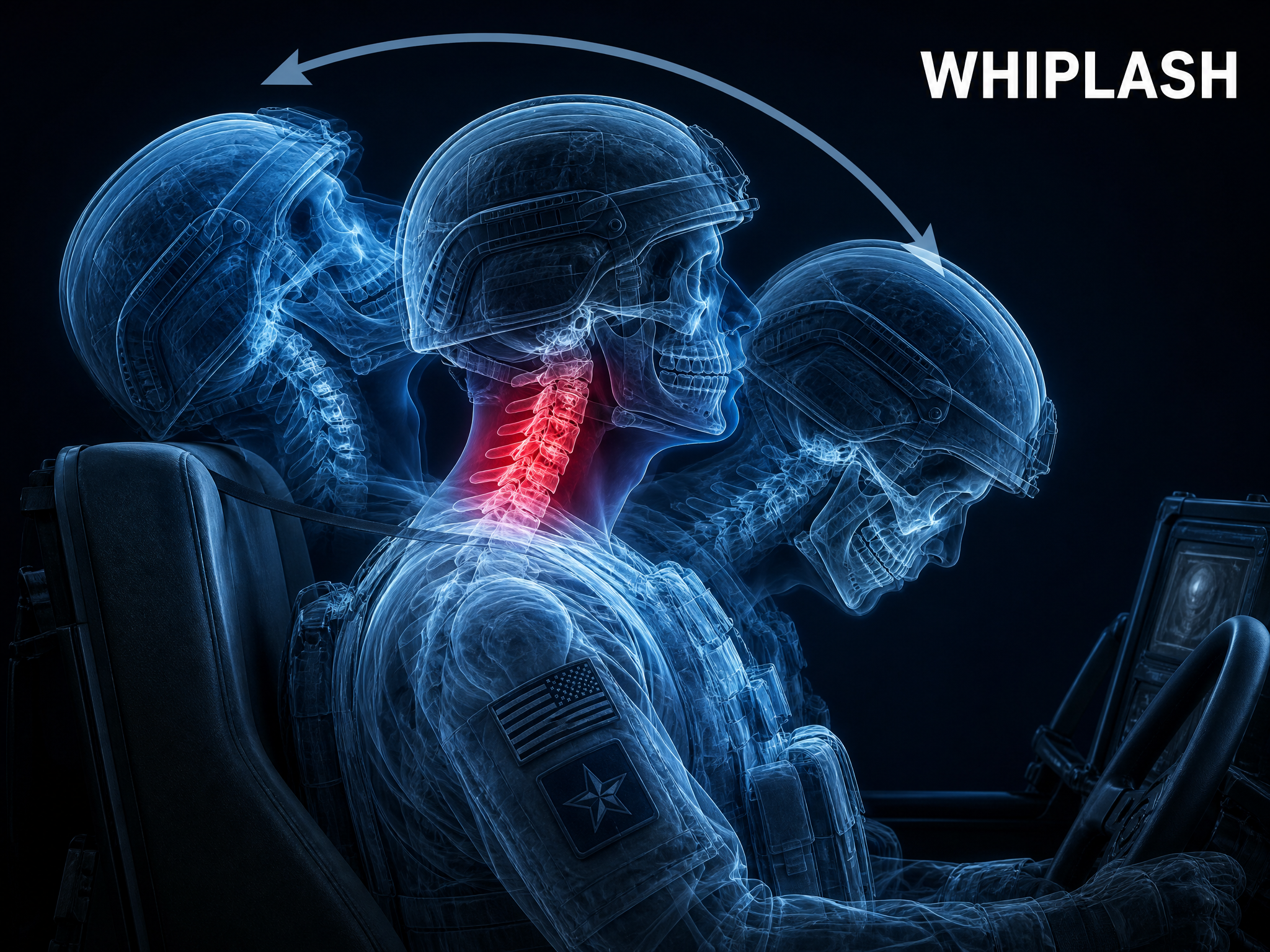 Anatomical illustration of a soldier inside a military vehicle during a jolt, cervical spine glowing at the whiplash point