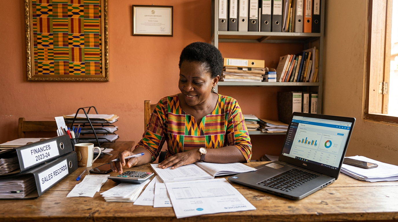 A Ghanaian small business owner reviews financial documents and accounting software at a desk in a warm, professionally decorated office with Kente cloth accents