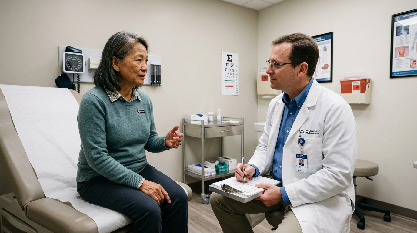 A woman veteran talking with a VA clinician during a compensation and pension exam