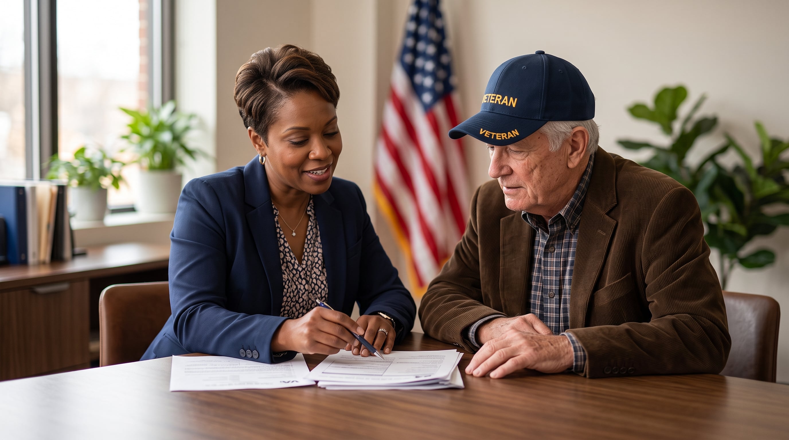 An accredited advocate reviewing a veteran's claim paperwork together