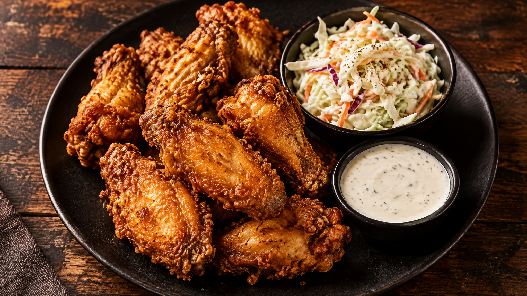 Plate of crispy golden fried chicken wings on a dark wooden table