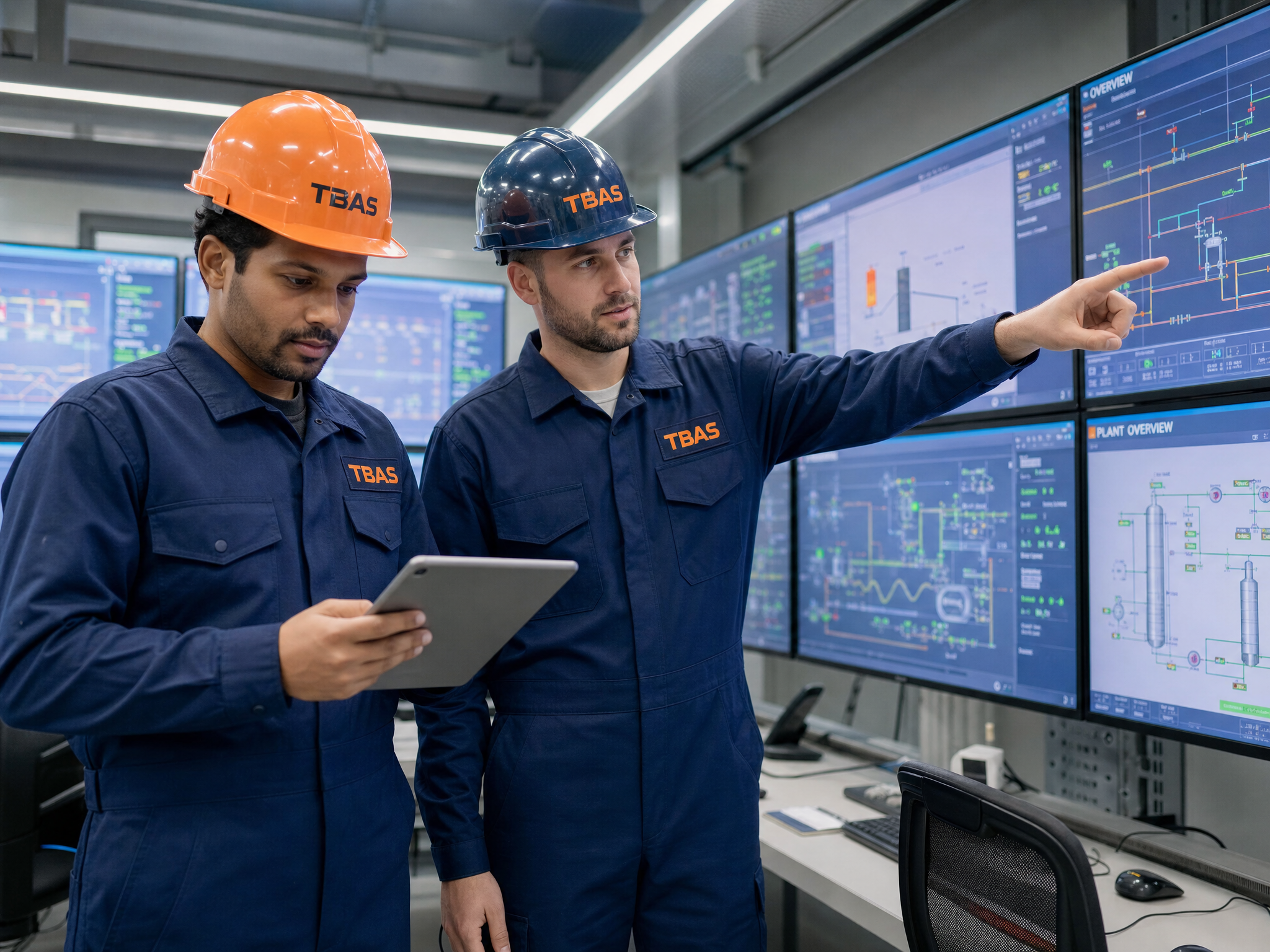TBAS engineers in branded uniforms working in SCADA control room