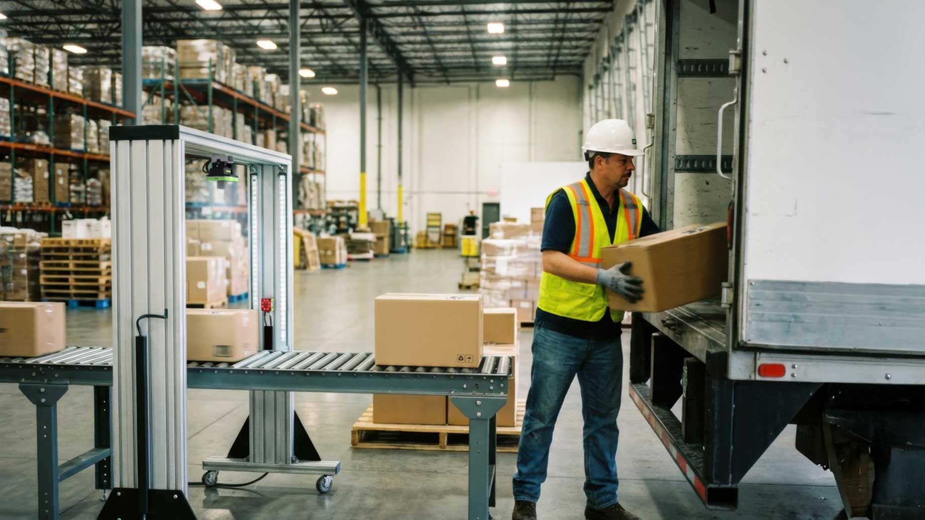 Warehouse staff scanning and organising parcels in a modern logistics facility