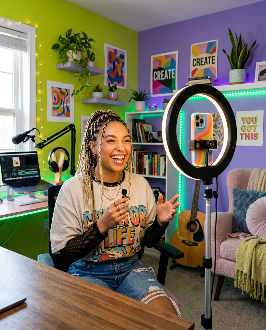 young woman filming a vertical video with a smartphone on a tripod and ring light in a colorful bedroom studio